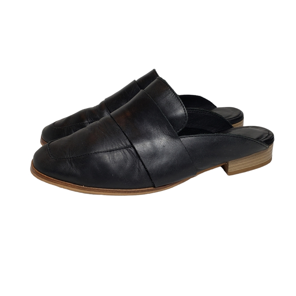 Free People At Ease Black Leather Loafer Mule Shoes Size 37